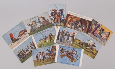 Одиннадцать сатирических открыток из серии «Наполеон I. 1812-1912. Отечественная война 1812 года в карикатурах»