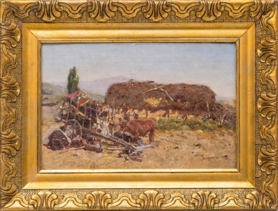 Неизвестный художник (Российская империя). Пейзаж с повозкой и мулом. 1899.
