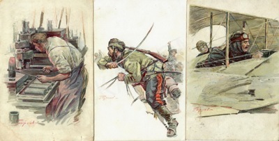 Три открытки на тему Первой мировой войны из акварельной серии Г.И. Георгиева