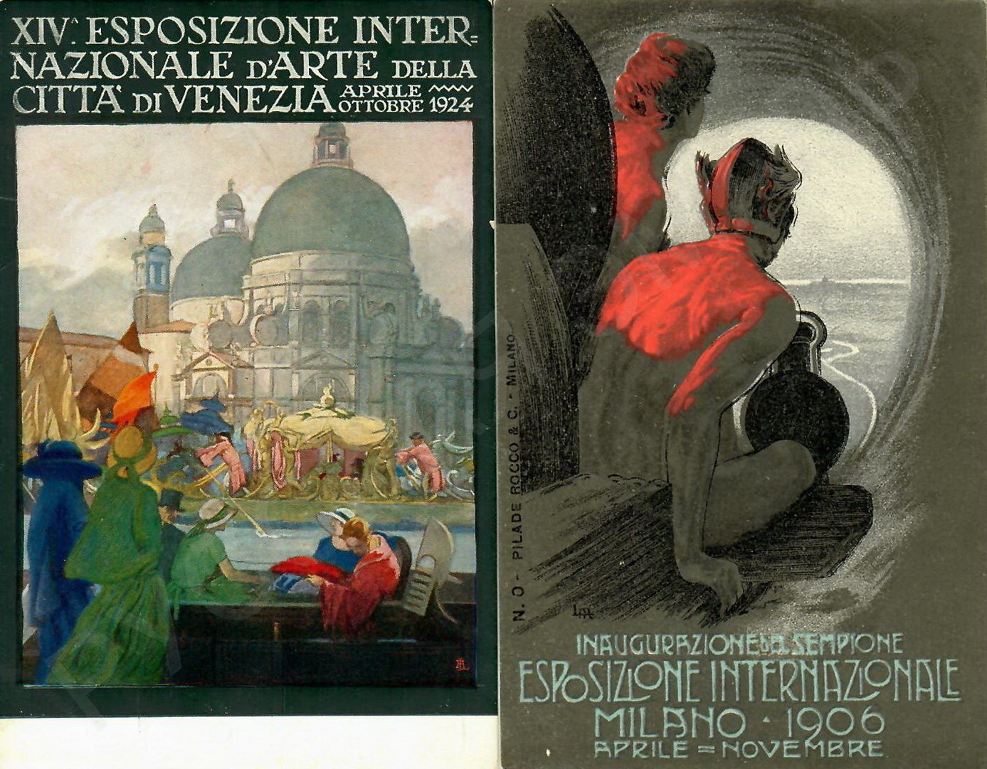 Две открытки «Всемирная выставка 1906 г. в Милане» и «XIV-я Венецианская  биеннале 1924 г.».
