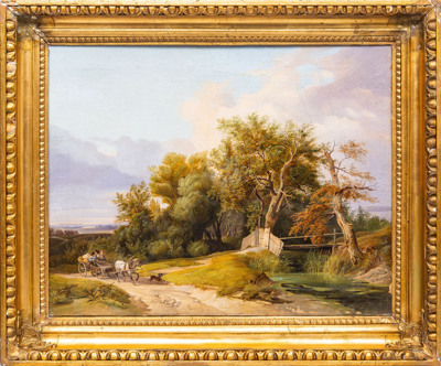Неизвестный художник (Европа). Пейзаж с лошадью и собакой. Вторая половина XIX века.