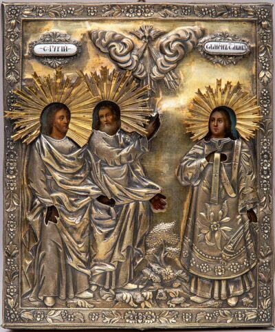 Икона «Святые Гурий, Самон и Авив» в серебряном чеканном окладе. Михайлов