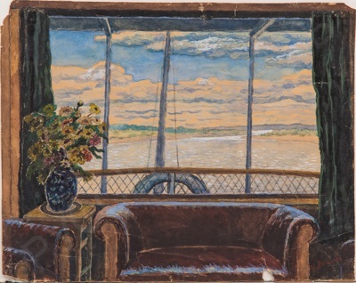 Неизвестный художник (подпись И.Машков). Вид из каюты речного парахода. 1930-е.