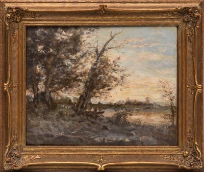 Неизвестный художник (подпись Corot). Пейзаж с озером и лодкой. Вторая половина XIX века.