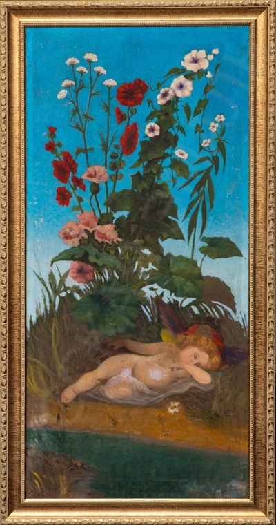Корзухин Алексей Иванович (1835-1894) (?). Декоративное панно "Сон Амура" и колонка с росписью "Цветы". Элементы летней усадебной беседки. Вторая половина XIX века.