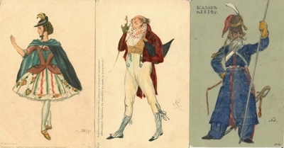 Восемь открыток по оригиналам М. Добужинского с эскизами костюмов к различным спектаклям.
