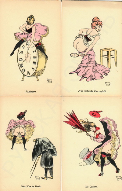 8 открыток из серии "Дамы в пикантных сценах". Франция, нач. XX века. 