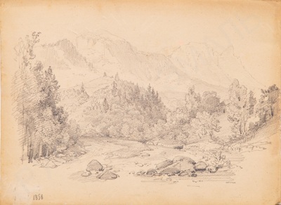 Неизвестный художник. Пейзаж с видом на горную реку. 1858.