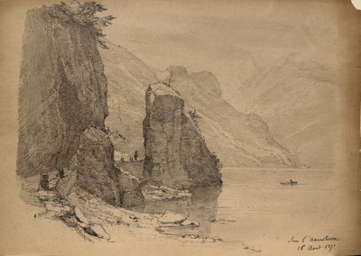 Неизвестный художник. Пейзаж с морем и лодкой. 1871.