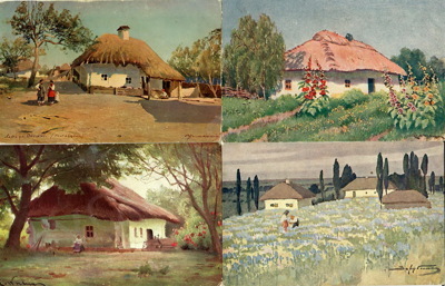 Восемнадцать открыток с изображением пейзажей Украины и жанровых сцен.