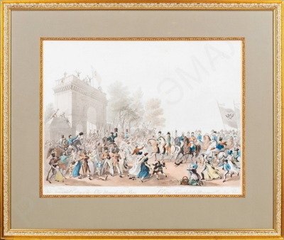 Триумфальный въезд союзных монархов в Париж через ворота Сен Мартен. 1814 год.
К. Стюарт (Stuart) по оригиналу И.М. Райта (Wright).