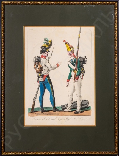[Собрание А.Л. Кусакина] Дебюкюр (Debucourt) Филипп-Луи (1757–1832.) По рисунку Карла Верне (Vernet) (1758–1836). Гренадер 39-го Венгерского полка барона Дуки австрийской армии и рядовой лейб­гвардии Павловского гренадерского полка. 1814 год.
