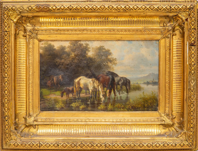 Неизвестный художник (Европа). Лошади на водопое. Конец XIX века.