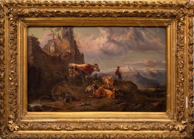 Неизвестный художник. Пейзаж с пастухом и стадом. XIX век.