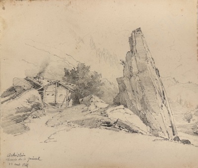 Неизвестный художник. Пейзаж с домиком и скалой. 1841.