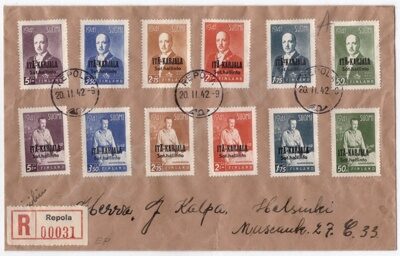 Конверт, прошедший почту из посёлка Репола в Хельсинки в феврале - марте 1942 года. Франкирован двумя полными сериями марок военной администрации Восточной Карелии (Scott №16 - 27).
