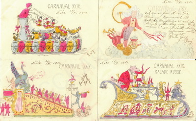6 открыток "Карнавал в Ницце". Все открытки прошли почту из Ниццы в Люблин на один адрес в феврале 1901 года. 