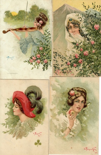 Восемь открыток с женскими портретами в стиле модерн